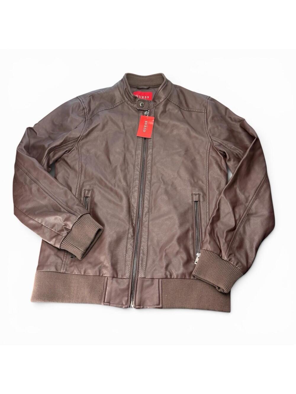 GUESS Men’s Shell Leather Style Jacket Brown Moto Style Zip Pockets Shell M NWT